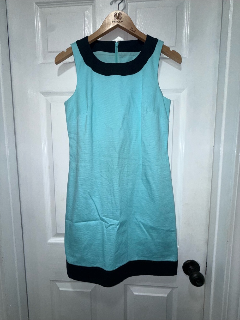 Classic Sleeveless Aqua Shift Dress with Navy Trim